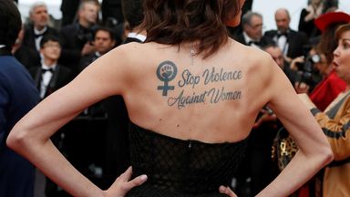 The actress has campaigned on the issue of violence against women, picture here with a temporary tattoo at the 2019 Cannes Film Festival
